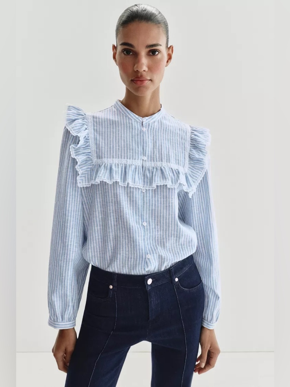 NWT Zara Woman Bloggers Fav METALLIC THREAD RUFFLED STRIPED SHIRT Top Size XL